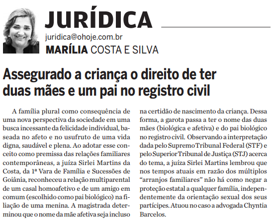 Coluna Jurídica, do jornal O Hoje, repercute atuação da advogada Chyntia Barcellos em caso de multiparentalidade em Goiás